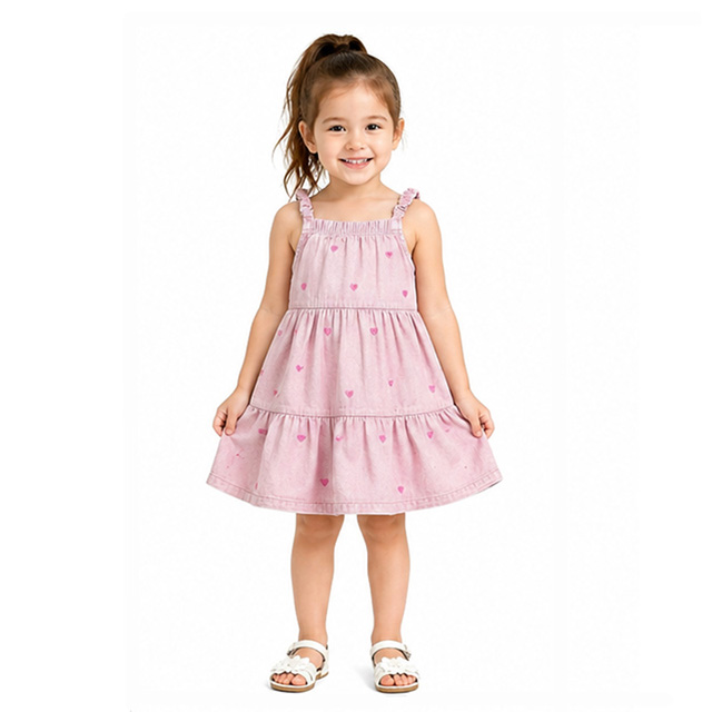 Girls Sleeveless Knee-Length Square Neck Spaghetti Strap Embroidery Tiered Dress