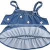 Girls Summer Floral Embroidery Square Neck Tiered Denim Sundress