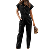 Ladies Overalls Short Sleeve Button Up High Waist Street Long Denim Jumpsuit