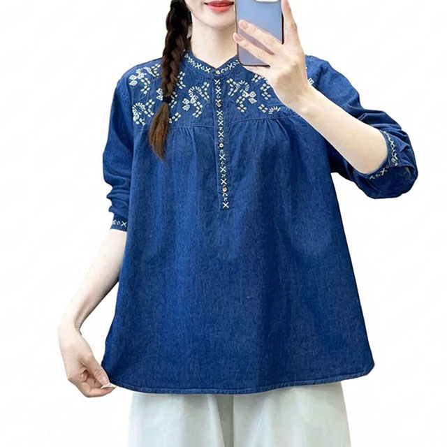 Women Spring Loose Fit Embroidery Cotton Denim Long Sleeve Shirt