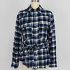 Women's Fashion Button Flannel Long Sleeve Fringed Plaid Shirt with Belt