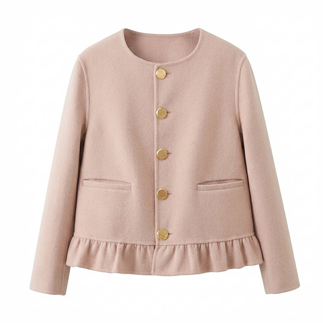 Women's 100% Double Face Cashmere Ruffle Hem Short Jacket