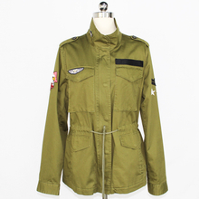 Women's Novelty Custom Olive Color Cargo Hiking Jacket with Embroidery Patches
