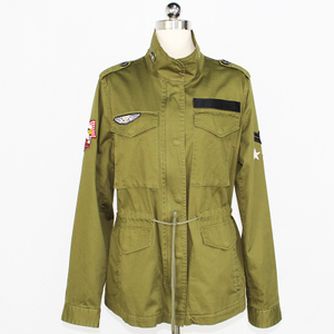 Women's Novelty Custom Olive Color Cargo Hiking Jacket with Embroidery Patches