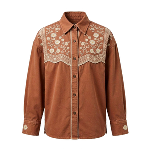 Women's Boho Embroidered Oversized Cotton Twill Shirt