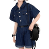 Girls' Summer Short Sleeve Wide-Leg Rolled Hem Shorts Denim Jumpsuit