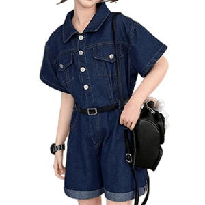 Girls' Summer Short Sleeve Wide-Leg Rolled Hem Shorts Denim Jumpsuit
