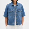 Women's Short Sleeve Button Front Cropped Cocoon Jean Shacket