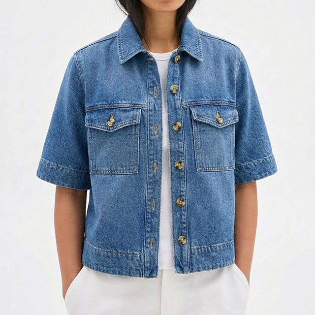 Women's Short Sleeve Button Front Cropped Cocoon Jean Shacket