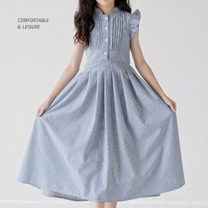 Girls Summer Plaid Ruffle Sleeveless Sweet Princess Kids Pleated Dress