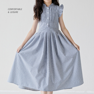 Girls Summer Plaid Ruffle Sleeveless Sweet Princess Kids Pleated Dress