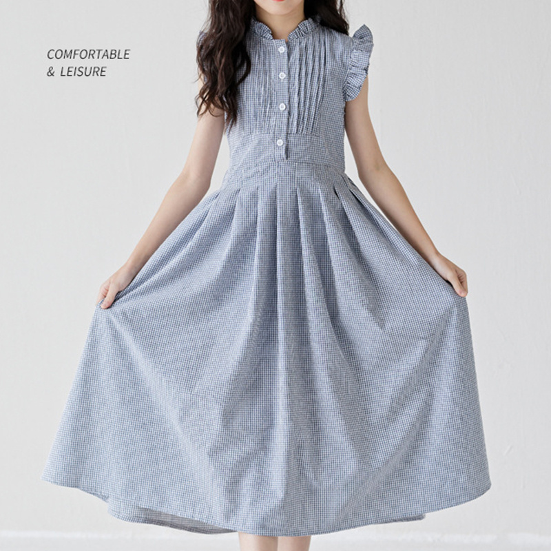 Girls Summer Plaid Ruffle Sleeveless Sweet Princess Kids Pleated Dress