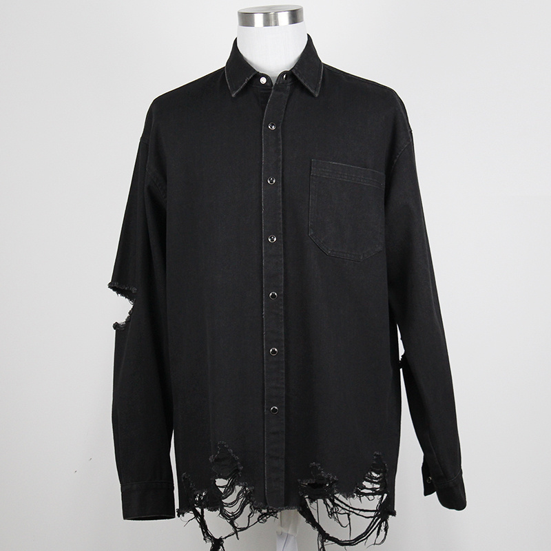 Men's Fashion Cotton Washed Denim Ripped Long Sleeve Shirt