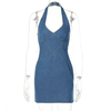 Ladies Sleeveless V-Neck Sexy Girdling Openwork Bodycon Denim Party Dress