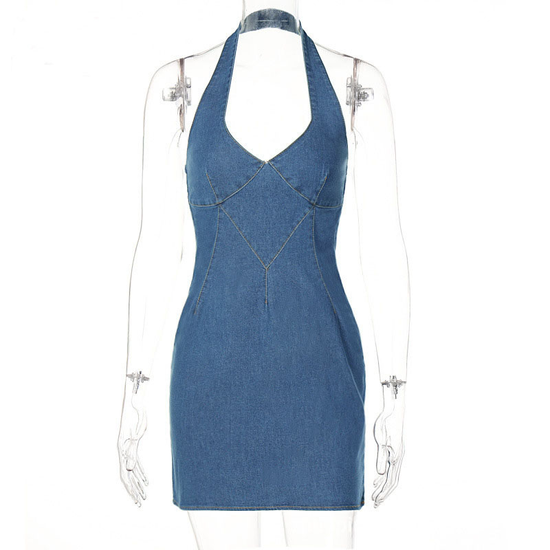 Ladies Sleeveless V-Neck Sexy Girdling Openwork Bodycon Denim Party Dress
