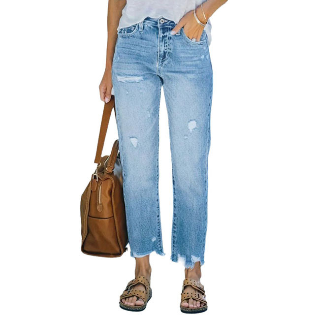 Women's Summer Casual Ripped Cropped Light Blue Denim Jeans