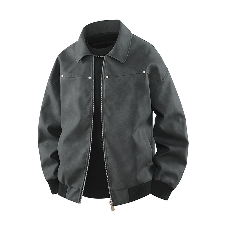 Men's High-Quality Fashion Retro Spring/Autumn Style Lapel Leather Texture Casual Zipper Jacket