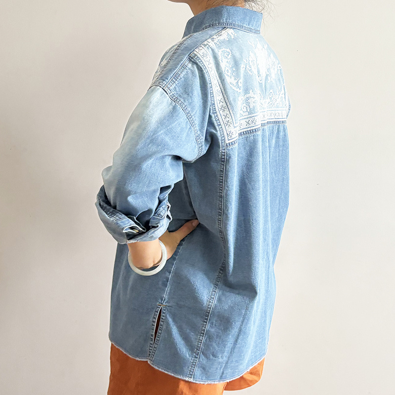 Women's Vintage Customized Embroidery Loose Fit Long Sleeve Casual Denim Button Shirt