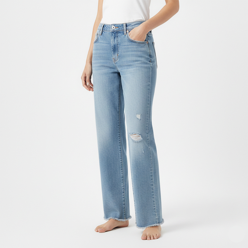 High Waist Light Blue Wash Ripped Straight Leg Women's Denim Jeans