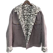Contrast leopard flap pocket leopard print faux fur corduroy jacket for women