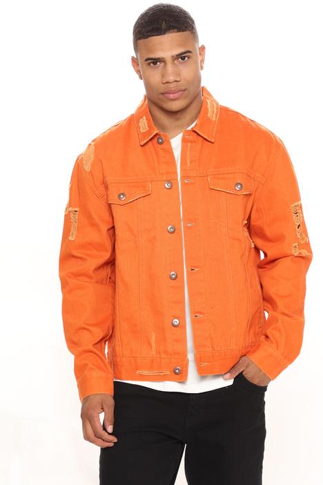 distressed orange color trucker jacket 