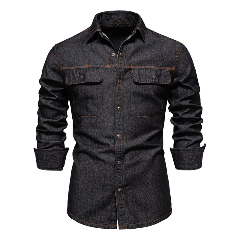 Men's Custom Spring/Autumn Washed Cotton Double Flap Pocket Long Sleeve Denim Shirt