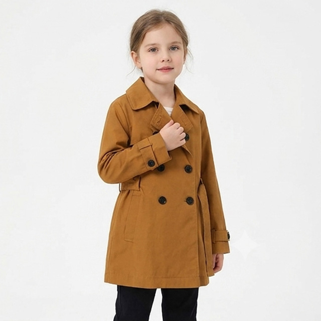 Girls Double-Breasted Cotton Windbreaker Trench Coat with Waistband