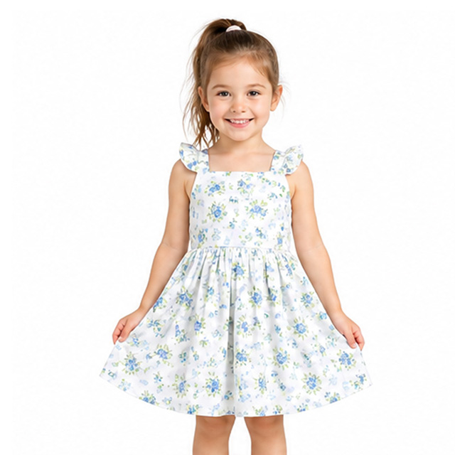 Girls Sleeveless Floral Print Cotton Strap A-Line Dress