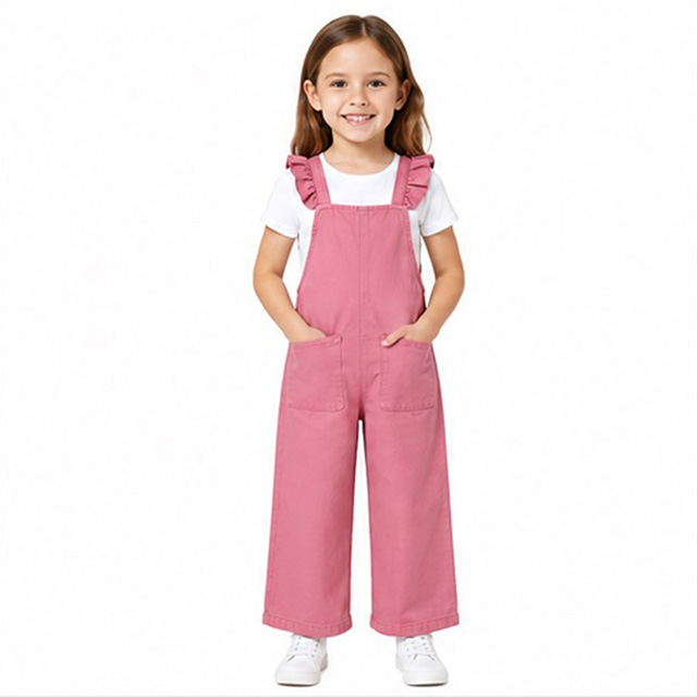 Girls Pink Cotton Ruffle Strap Wide Leg Casual Overalls
