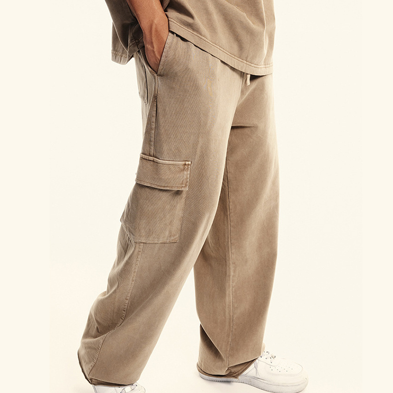 Men's Knit 5 Pockets Elastic Waist Loose Baggy Cotton Cargo Pants with Drawstring