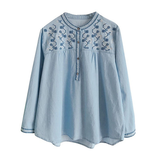 Women Spring Loose Fit Embroidery Cotton Denim Long Sleeve Shirt