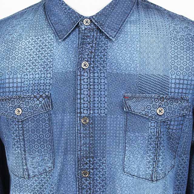 Men's Custom Print Blue Washed Long Sleeve Denim Shirt