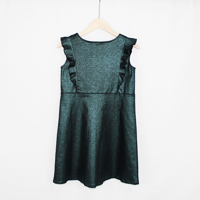 Girls Round Neck Metallic Shinning Ruffle Sleeveless A-Line Party Dress