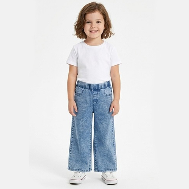 Girls Wash Blue Straight Wide Leg Elastic Waist Denim Jeans