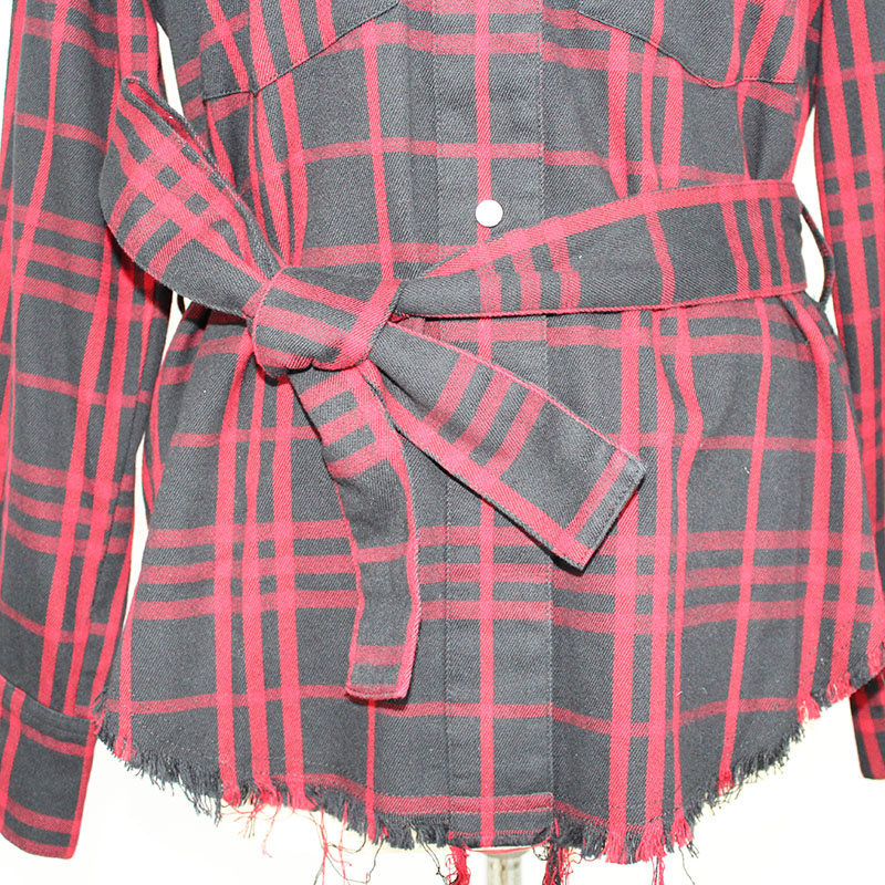 Women's Fashion Button Flannel Long Sleeve Fringed Plaid Shirt with Belt