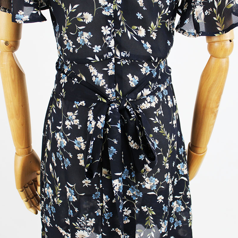 Ladies Summer Black Chiffon Custom V-Neck Flounce Short Sleeve Fashion Floral Dress
