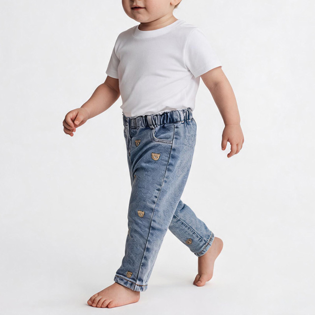 Kids Custom Embroidery Elastic Waist Straight Leg Denim Lined Jeans