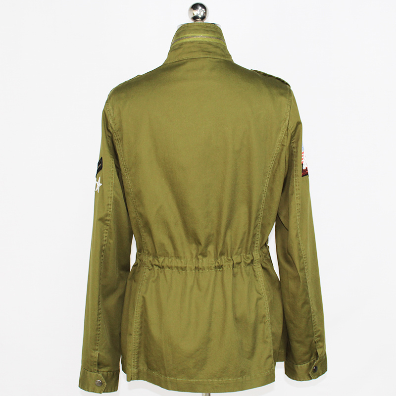 Women's Novelty Custom Olive Color Cargo Hiking Jacket with Embroidery Patches