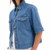 Women's Short Sleeve Button Front Cropped Cocoon Jean Shacket
