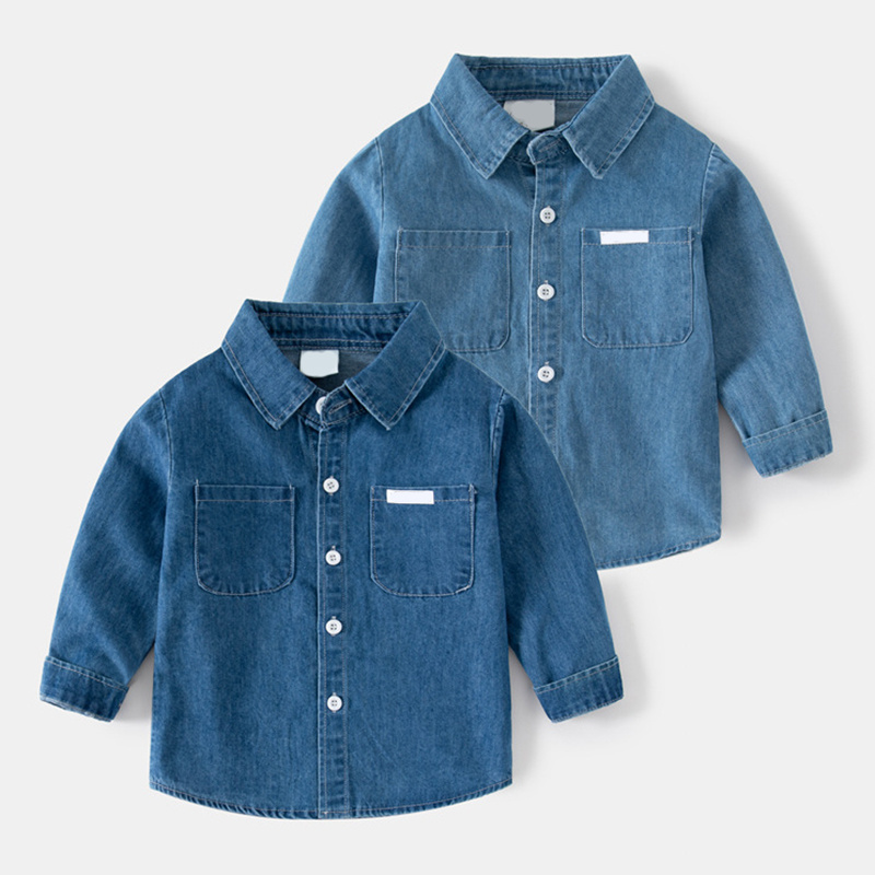 Boy's Casual Versatile Tops Kids Cotton Denim Long Sleeve Lapel Button Shirt