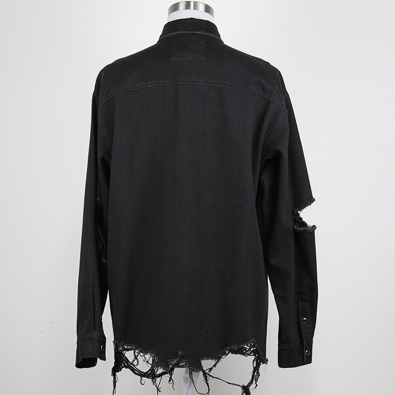 Men's Fashion Cotton Washed Denim Ripped Long Sleeve Shirt