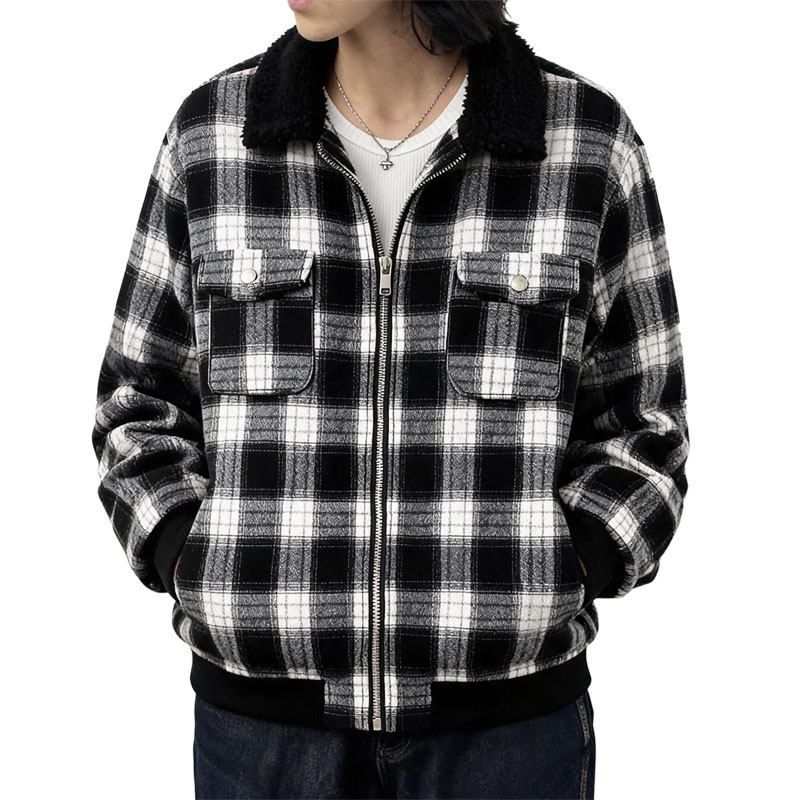 Men's Flannel Plaid Winter Warm Long Sleeve Lapel Padded Coat Jacket