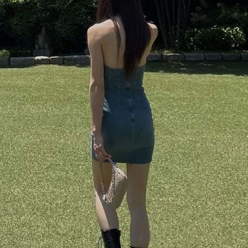 Ladies Sleeveless V-Neck Sexy Girdling Openwork Bodycon Denim Party Dress