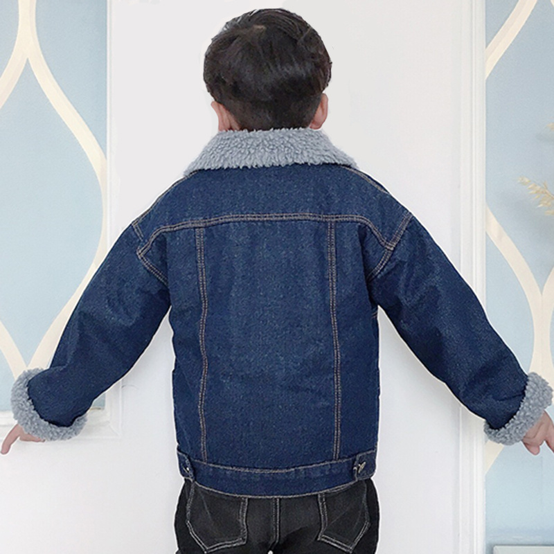Children Winter Windproof Washed Denim Coat Warm Jeans Jacket with Sherpa Lining