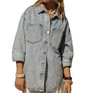 Women Distressed Retro Wash Over Size Long Sleeve Jacket Denim Clothing Shirt