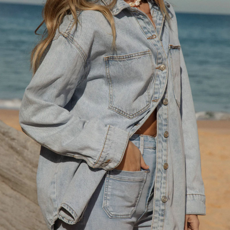 Women Distressed Retro Wash Over Size Long Sleeve Jacket Denim Clothing Shirt