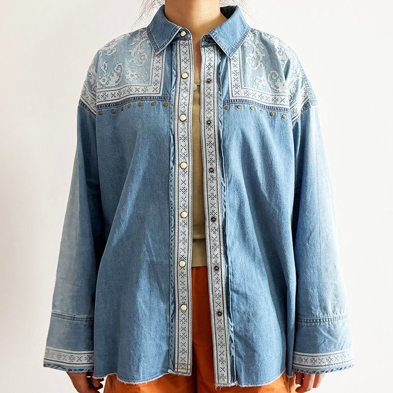 Women's Vintage Customized Embroidery Loose Fit Long Sleeve Casual Denim Button Shirt