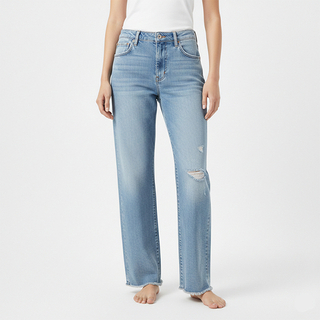 High Waist Light Blue Wash Ripped Straight Leg Women's Denim Jeans