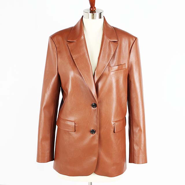 Women's Brown PU Leather Fashion Plus Size Loose Fit Blazer Suit