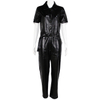 Women's Black PU Leather Button Front Short Sleeve Lapel Jumpsuit